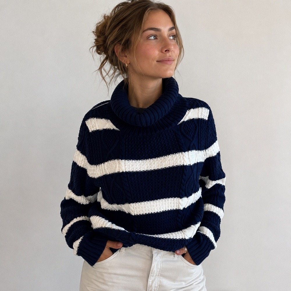 Gap Striped Cable‎ Knit Cowl Neck Sweater Womens Medium Navy White Nautical Cozy
